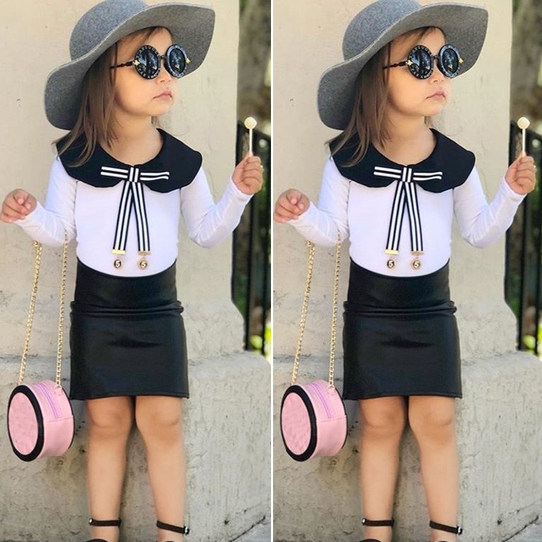 Girls Baby kids PU Leather Skirt & Black cotton Top Set Toddler and Girls  outfit weastern wear