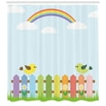 thumbnail image 3 of Vintage Rainbow Shower Curtain, Birds on a Colorful Fence on Checkered Squares Gingham Pattern Background, Fabric Bathroom Set with Hooks, 69W X 84L Inches Extra Long, Multicolor, by Ambesonne, 3 of 3