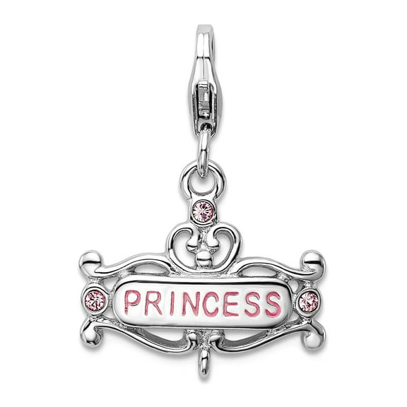 925 Sterling Silver Polished Rhodium Platedpink Cubic Zirconia Enameled Princess Charm Pendant Necklace for Women