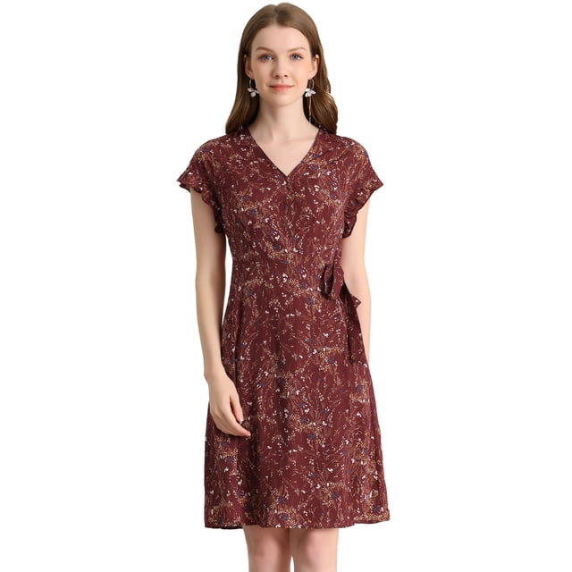 Vestido A Media Pierna Allegra K Boho con Cuello En V y Manga Flutter borgoña XS