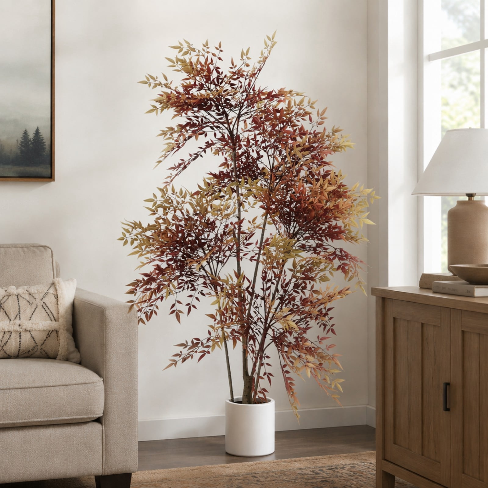 BEAUTYPEAK 5.9FT Artificial Plant Fake Indoor Red Nandina Plant Decorative Outdoor Greenery in White Pot