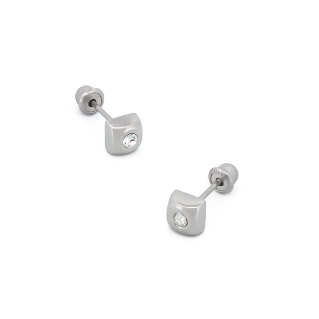 Broquel Cuadro Con Zirconia Oro Blanco Sólido 14k