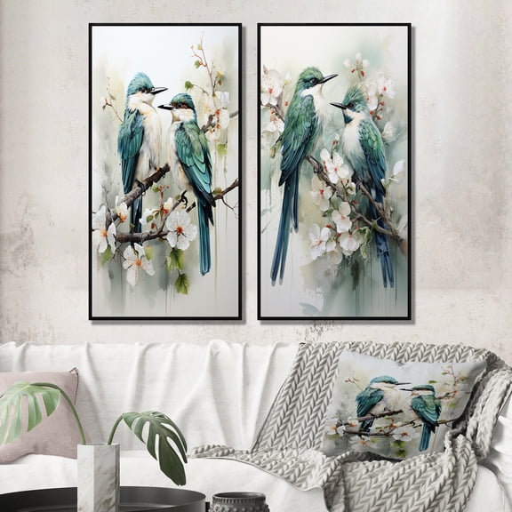 Designart "Bird Charm Of Feathers II" Bird Framed Wall Art Set Of 2 - Grey Animals Framed Canvas Set For Living Room Decor