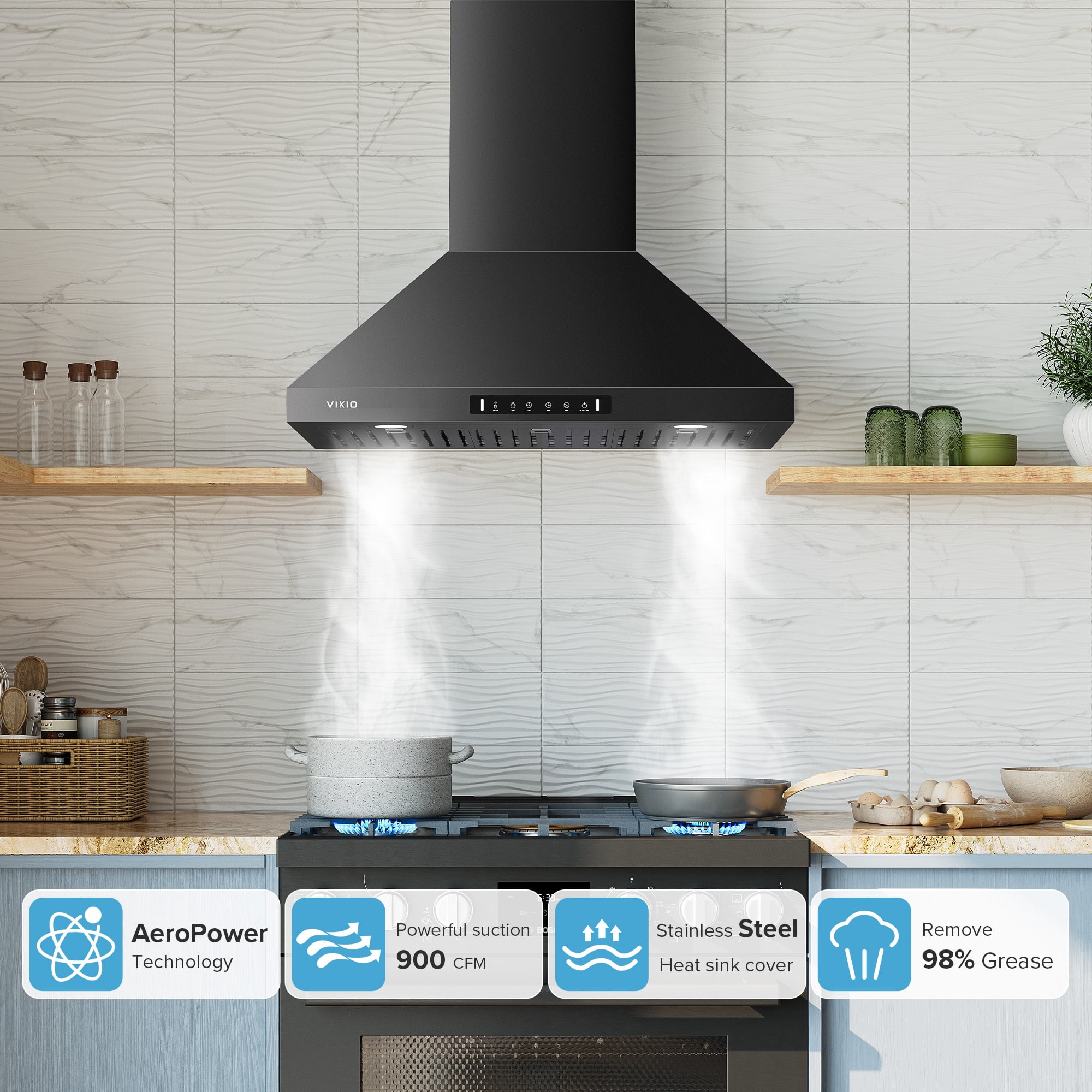 VIKIO 30 inch Wall Mount Range Hood 900CFM Convertible Ducted to Ductless Exhaust Fan, Carbon Filter, Touch Panel, Stainless Steel, Black