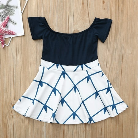 

ERTUTUYI Children s Short-sleeved One-shoulder Stitching Dress Parent-child Girl s Style Dark Blue 90