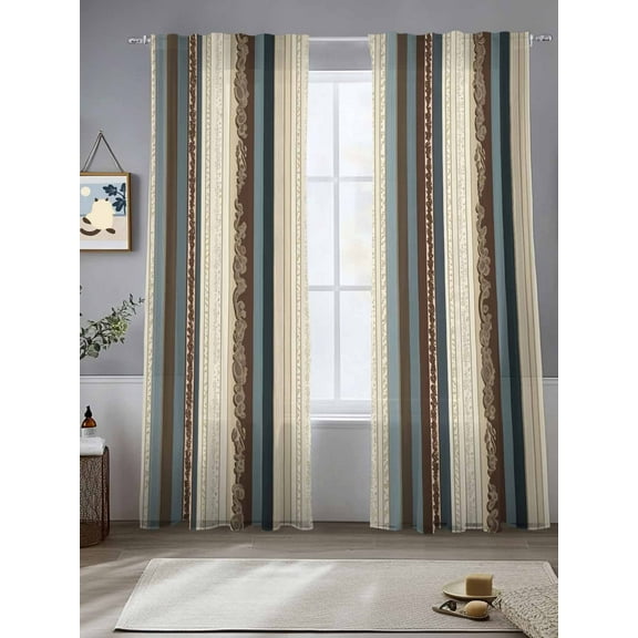 Vintage Striped Sheer Curtains 84 Inches Long 2 Panels Blue Brown White Stripe Abstract Retro Light Filtering Semi Sheer Window Curtains Drapes for Bedroom Living Room 52"x84"