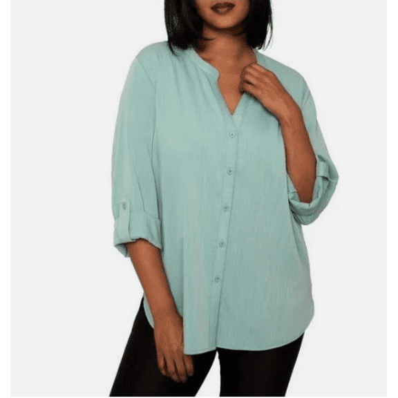 Mario Serrani Womens Shirt Green Long Sleeve Button-Front V-Neck Relaxed Fit XL