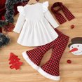 thumbnail image 3 of Hotiary Toddler Cartoon Snowman Print Top and Checks Rough Edg Flared Pants and Scarf Set 1-5T Girls' Christmas Three Piece Set, 3 of 9