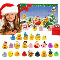 Calendrier Avent Noël 2023 Advent calendar with 24 colourful rubber ducks in Christmas-themed designs, such as snowmen, Santa Claus, and musical ducks. The festive box features holiday illustrations, making it a creative bath toy and a perfect Christmas gift for children.