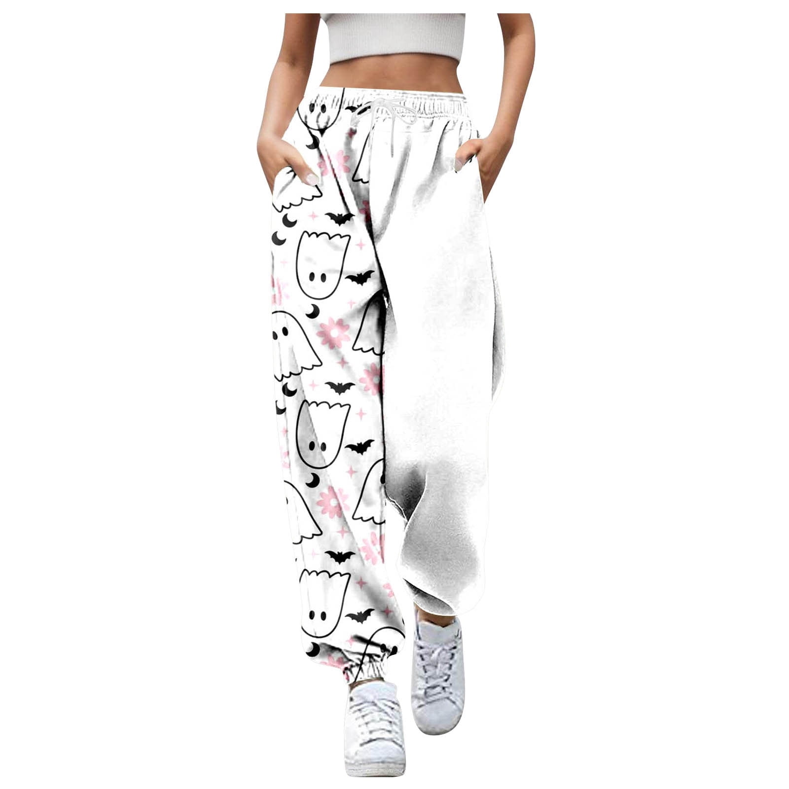 Arlun,Halloween Cartoon Graphic Sweatpants for Women Baggy Elastic Waisted Drawstring Wide Leg Joggers Plus Size Loose Comfy Cinch Bottom Lounge Trousers Fall Winter Outfits White5 L