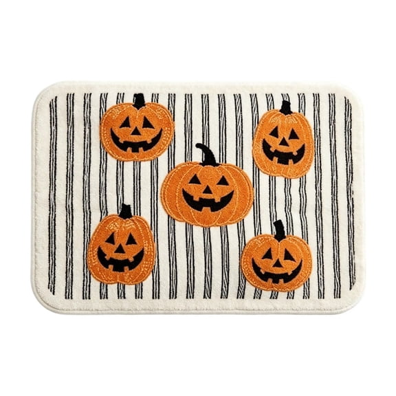 PSVFUJZ Halloween Doormat, 16x24 Inch Fall Welcome Mat, Pumpkin Face Floor Mat with Black White Striped Entrance Door Rugs for Indoor Outdoor Bathroom Kitchen Entryway Home Decor