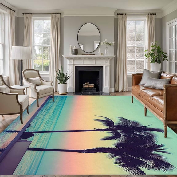Turquoise Pink Coastal Area Rugs 5'x7', Washable Small Throw Rugs for Laundry Room Playroom, Summer Tropical Beach Palm Tree Indoor Outdoor Rug Non-Slip Low Pile Carpet Runner Reversible Floor Mats