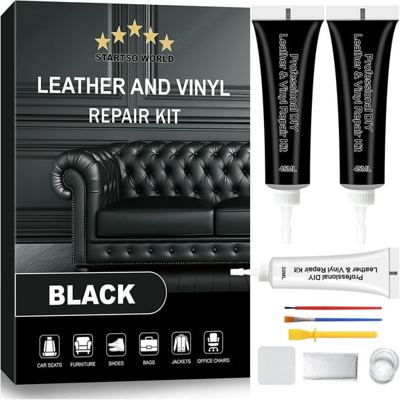 Black Leather Repair Kit, Vinyl kit for Car Interiors, Furniture, Couches, Seat, Sofa, Jacket and Purse, Restores Faux, Artificial, Genuine Pleather