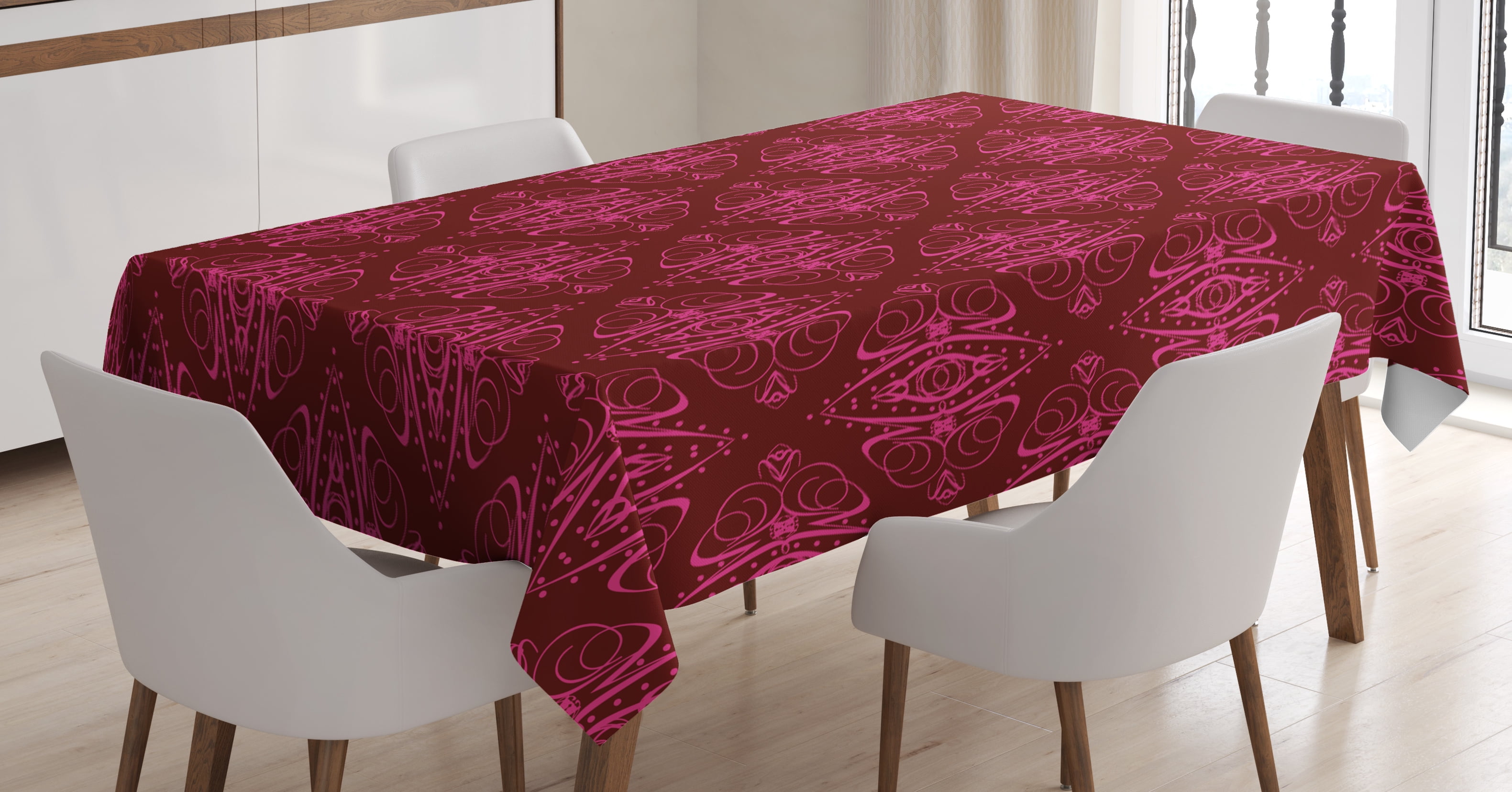 Hot Pink Tablecloth, Traditional Eastern Damask Pattern over Burgundy
