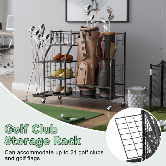 Garage Golf Bag Organizer, Wheeled Golf Bag Storage Stand, Fits 2 Golf Bags and Other Golfing Equipment Accessories, Includes Extra Golf Club Storage Rack,