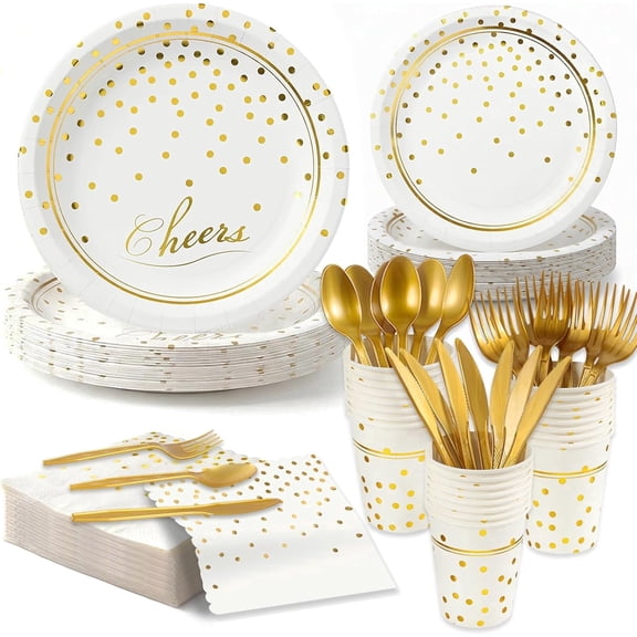 168 Pcs Paper Plates and Napkins Party Supplies, White and Gold Disposable Plates for 24 Guests, Golden Dot Napkins, Cups and Utensils Set for Birthday Wedding Graduation Party Decor