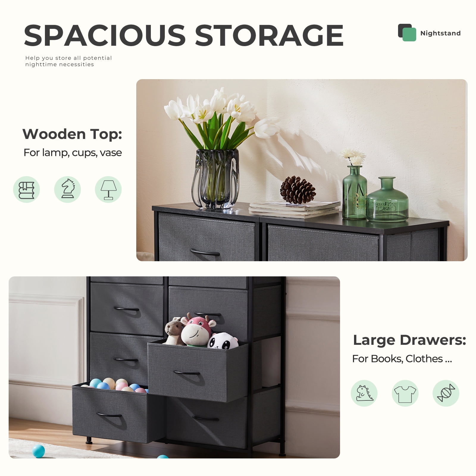 Aidoly Dresser for Bedroom, 8 Storage Drawers, Anti-Tip Fabric Closet Chests Organizer Tower Furniture with Wooden Top Metal Frame for Clothes, Living Room, Hallway, Entryway, Grey