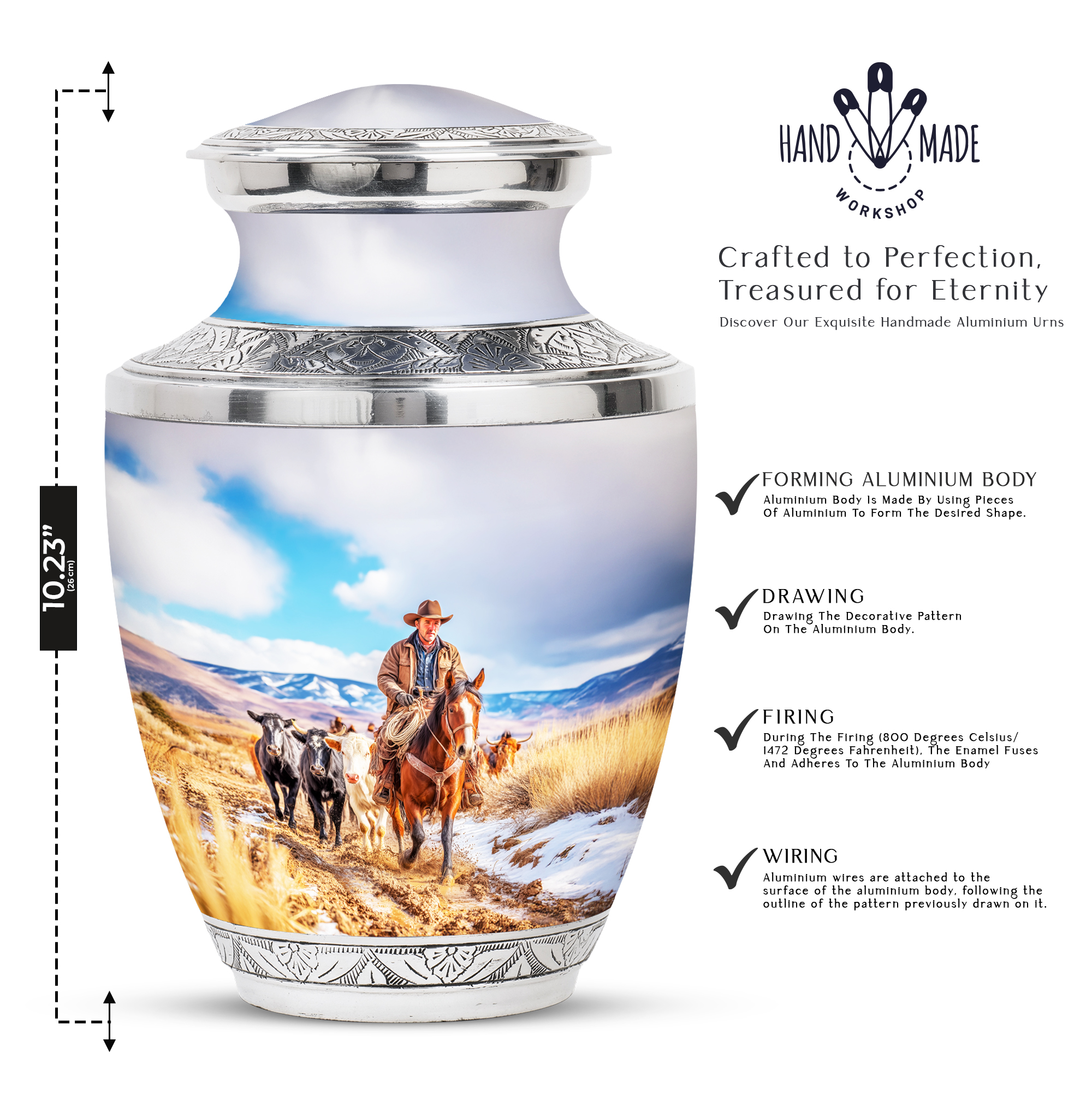 SABURIAL Cowboys Ash Urn for Men & Female - Decorative Urns for Ash - 10 Inch - Large with Velvet Bag - Urns for Human Ashes Large - Human Remains Urn - Memorial Burials for Ashes