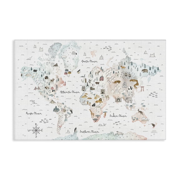 Stupell Industries Whimsical World Traveler Map Animals Painting Wrapped Canvas Art Print Wall Art, 24 x 16