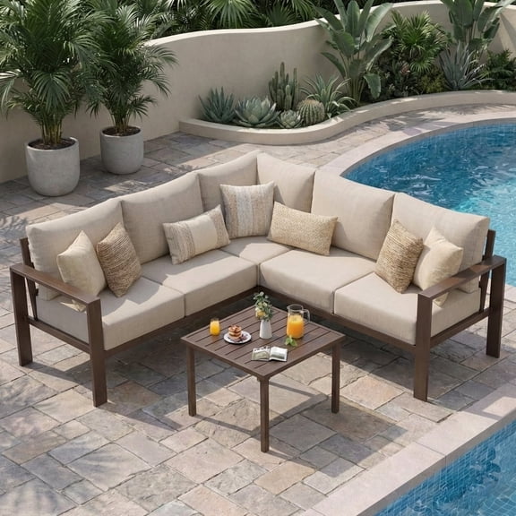 Poteban 6-Piece L-Shaped Outdoor Conversation  Set, Metal Sectional Sofa with 6" Thick Olefin Cushions, Wide Armrests & Coffee Table, Beige for Garden Backyard