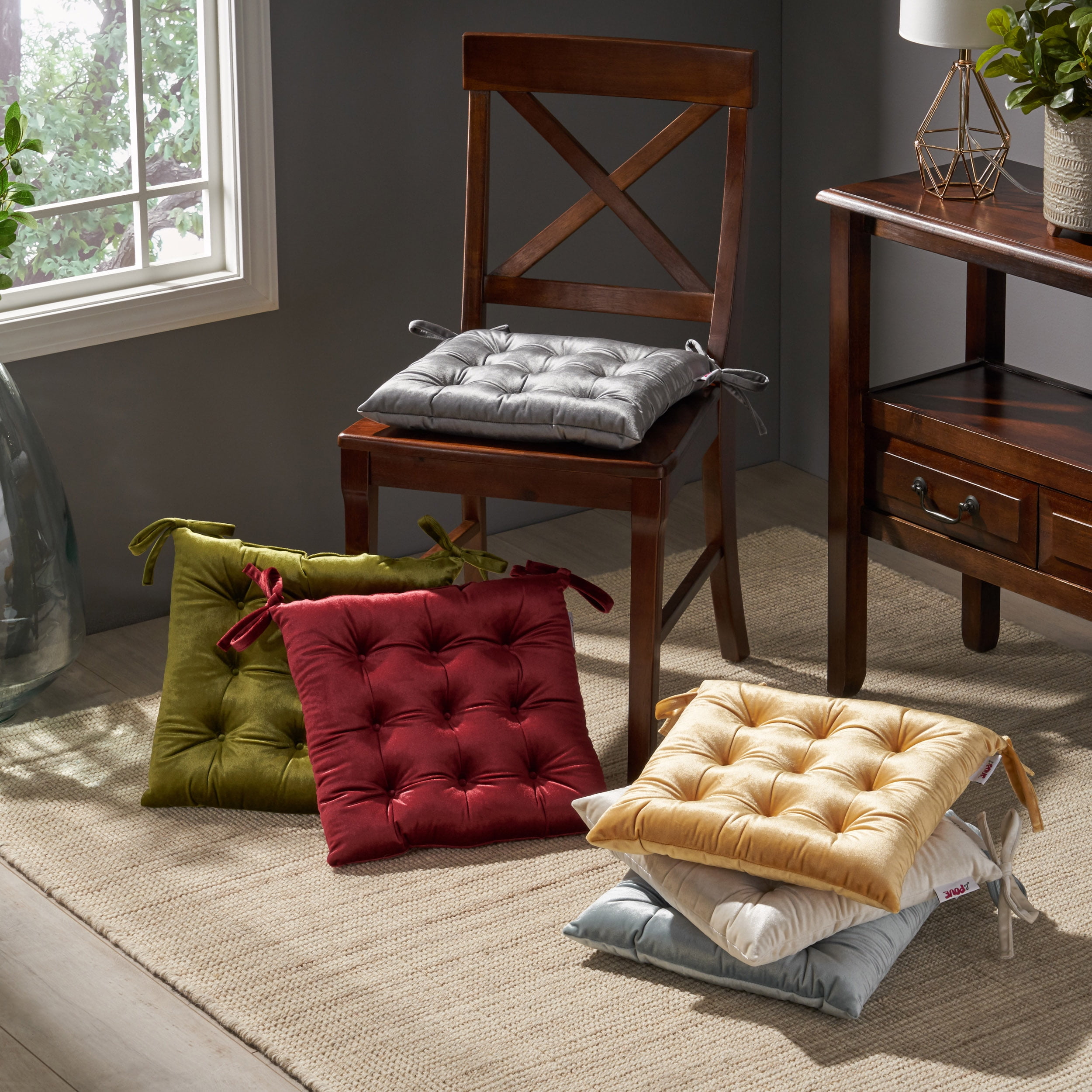 Noble House Nishtha 16" Tufted Velvet Dining Chair Cushion, Beige