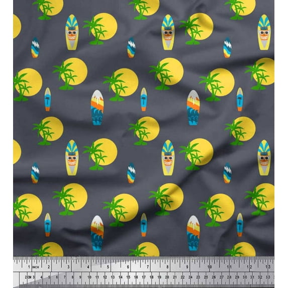 Soimoi Poly Georgette Fabric Skull,Sun & Palm Tree Nature Print Sewing Fabric Yard 52 Inch Wide