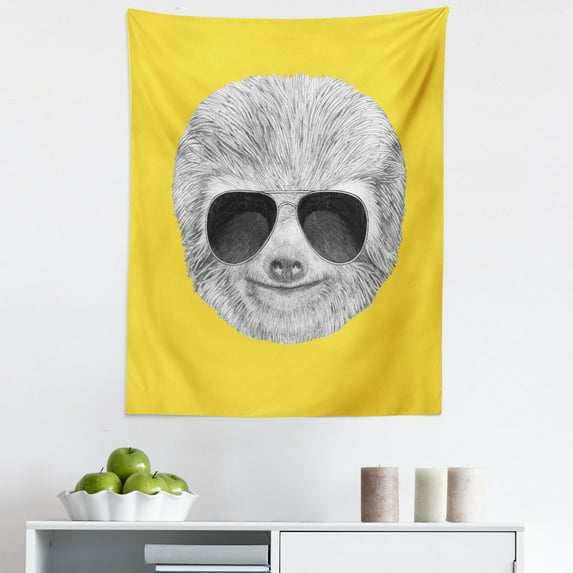 Sloth Tapestry, Hipster Jungle Animal with Sunglasses Smiling Funny Expression Cool Character Print, Fabric Wall Hanging Decor for Bedroom Living Room Dorm, 5 Sizes, Yellow Grey, by Ambesonne