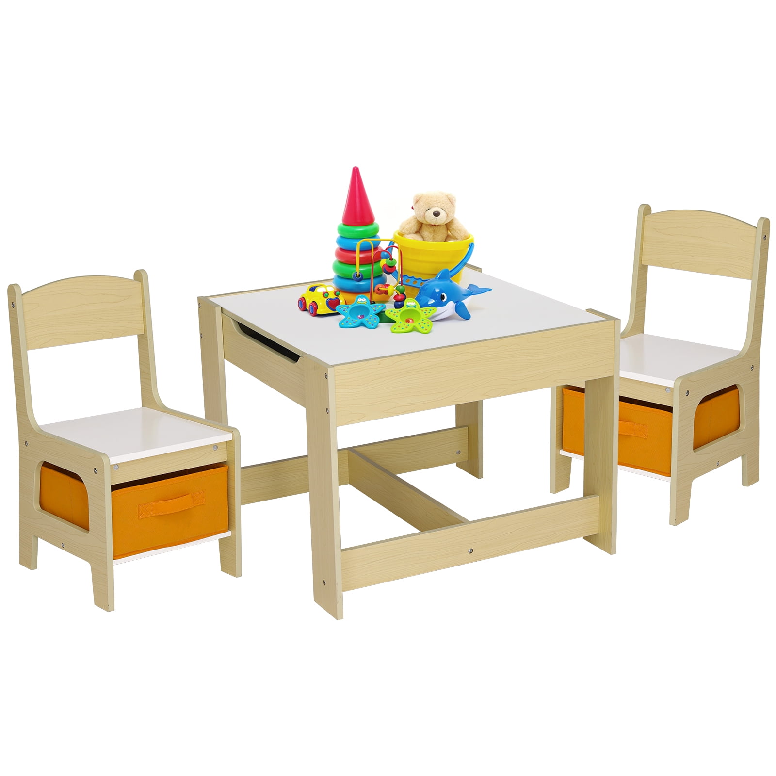 TLSUNNY Kids Table and 2 Chairs, 4-in-1 Toddler Activity Set with Blackboard, Reversible Desk & Storage Organization, for Age 3 +