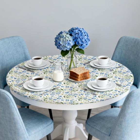 Blue Flowers and Leaves Round Fitted Tablecloth with Elastic Wrinkle Resistant Waterproof Table Cloth Cover Non Slip Table Protector