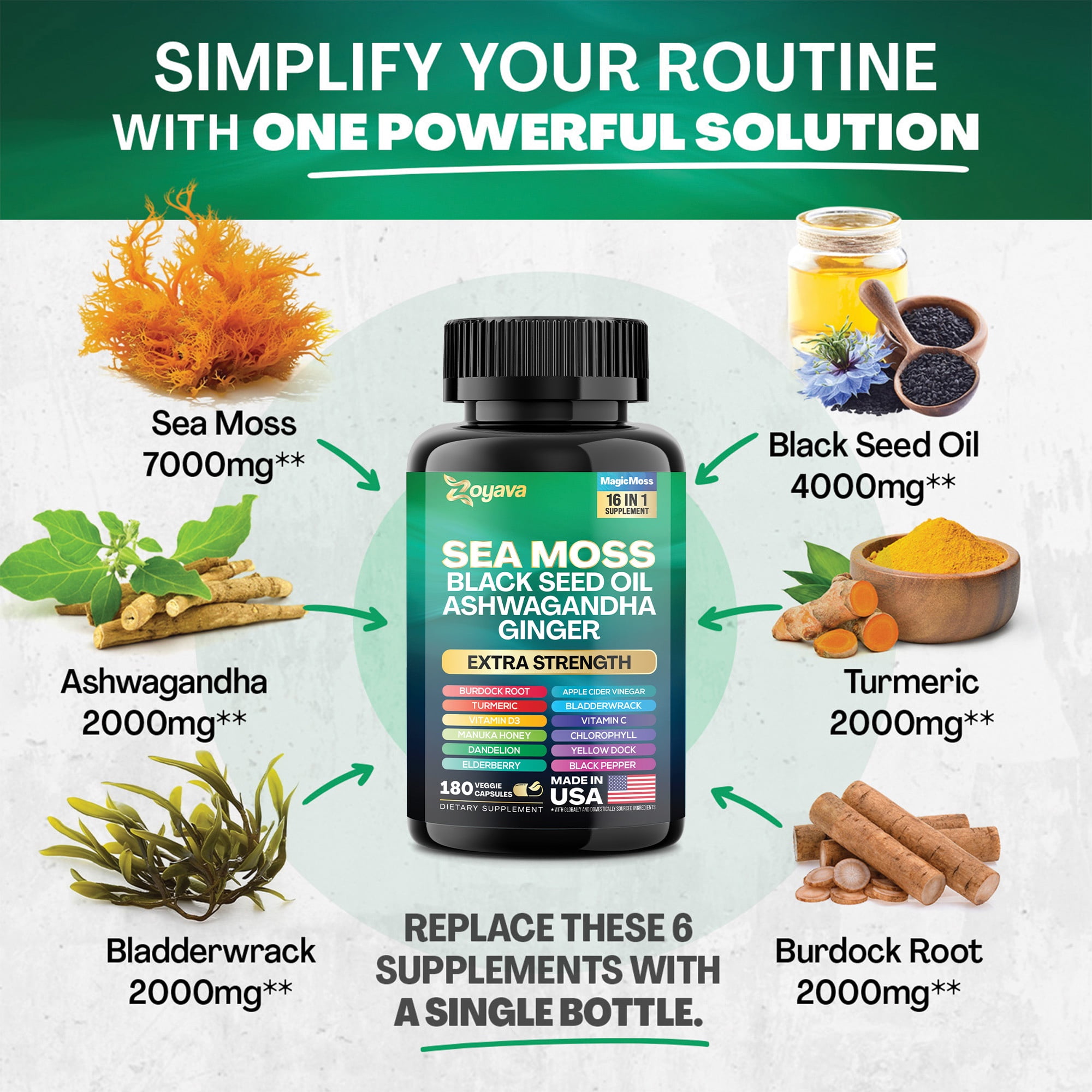 Zoyava Sea Moss Blend, 19,445 MG All-in-One Formula with over 15+ Super Ingredients, Extra Strength & High Potency (180 Capsules)