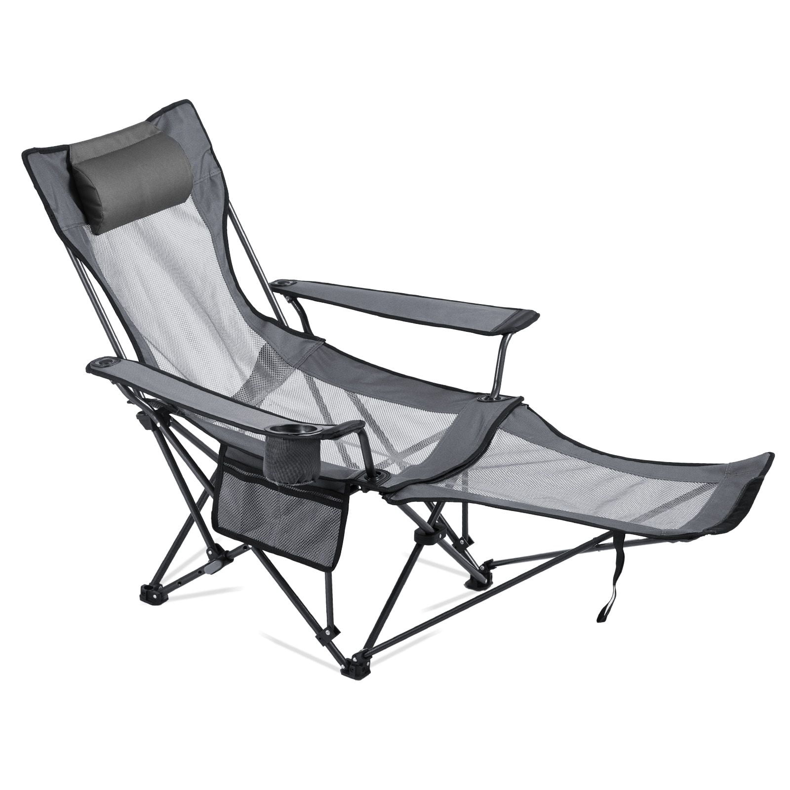 Foldable Reclining Lounge Chair 4-Position Adjustable, 220 lbs Capacity, Detachable Footrest, Cup Holder, for Camping Beach Patio