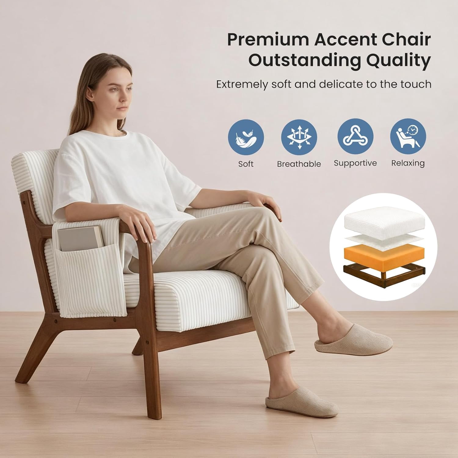 Mid Century Modern Accent Chair, Upholstered Comfy Armchair with Lumbar Pillow, Solid Wood Frame, Comfy Reading Chair for Living Room, Beige