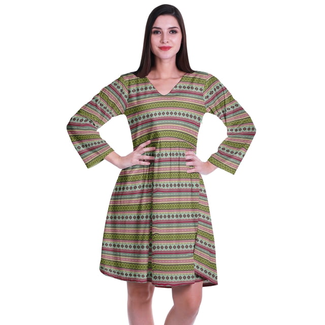 Moomaya Robe Courte Évasée Imprimée de Designer, Manches Longues, Tunique en Velours, Robes pour Femmes