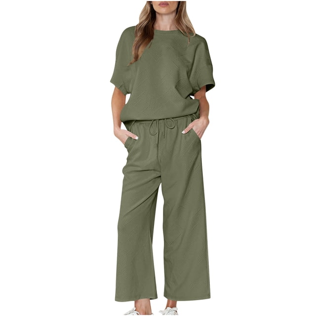 Yuyuzo Ensemble 2 Pcs pour Femmes Survêtement 2024 T-Shirt à Manches Courtes Col Ras du Cou Pantalon de Survêtement à Jambe Grand Ensemble Détente Survêtement