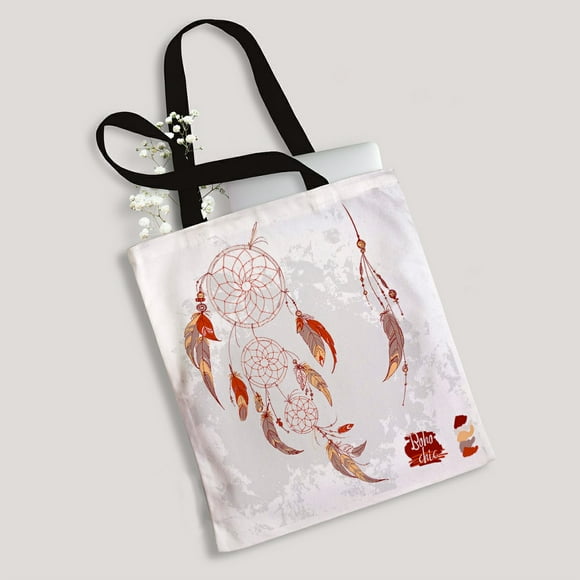EREHome feathers beads american traditional symbol white Canvas Bag Reusable Tote Grocery Shopping Bags Tote Bag 14"(W) x 16"(H)
