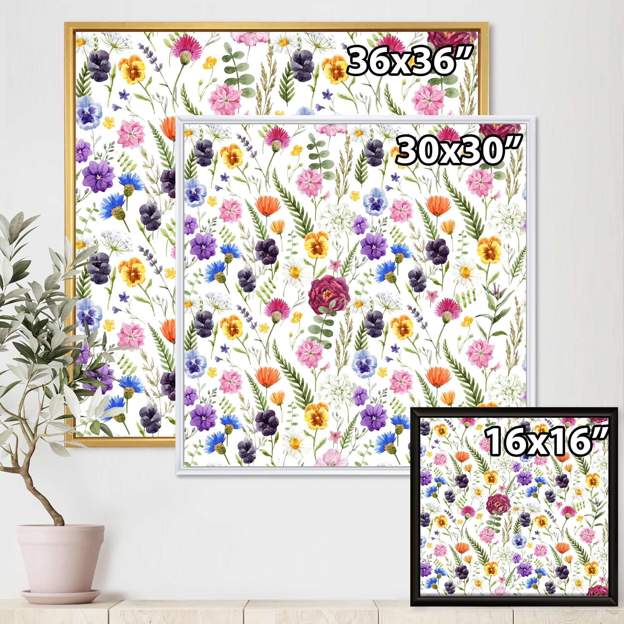 Coloful Wildflowers Floral Pattern II 30 in x 30 in Framed Painting Canvas Art Print, by Designart