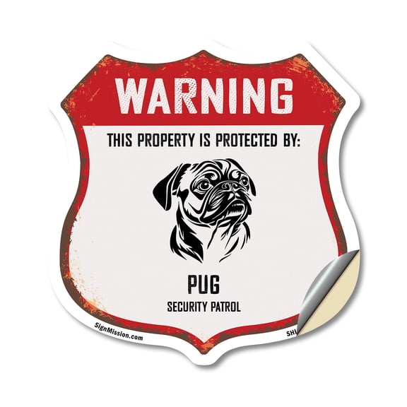 Warning This Property is Protected by Pug 18 inch X 18 inch Shield Shaped Heavy Duty 3.2 mil Vinyl Decal Weather Resistant Made in the USA