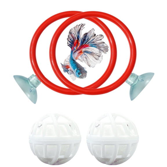 Betta Fish Exercise Ring and Filter Balls Set, 2Pcs Fish Feeder Rings with Suction Cups and 2Pcs Nitrifying Balls, Betta Fishes Tank Toys, Turtle Water Cleaner Ball, Aquarium Accessories, Red, M-70mm