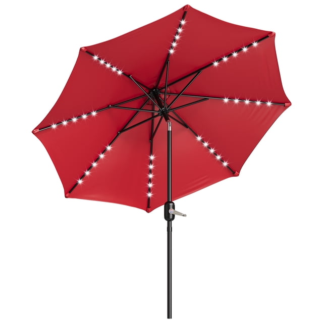 Solar LED 10FT Patio Umbrella – UV-Resistant Waterproof Outdoor Market Table Parasol with Tilt & Crank Handle, 8 Sturdy Ribs, for Garden, Pool, Lawn, Backyard – Color: Red