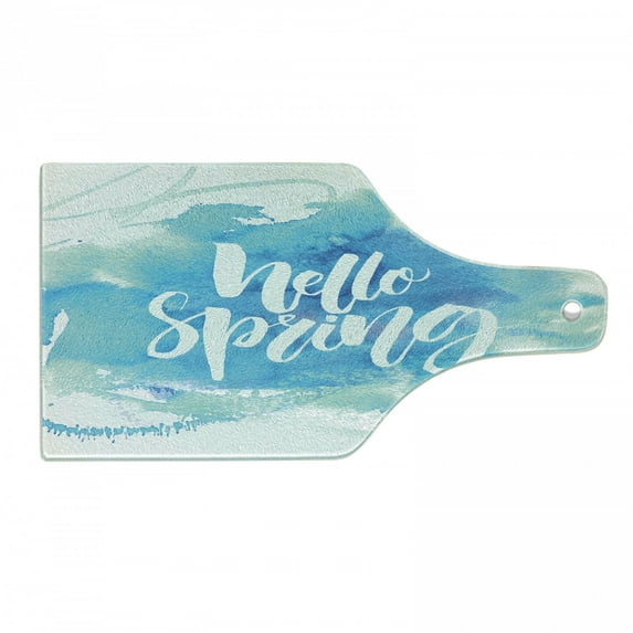 Hello Cutting Board, Hello Spring Printed in White Hand Lettering Design on Watercolor Pastel Blue, Tempered Glass Cutting and Serving Board, Wine Bottle Shape, Pale Blue White, by Ambesonne