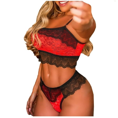 

Frehsky underwear women Women Lace Wireless Bra Lingerie Thong Set Underwear Pajamas Set S-XL Red