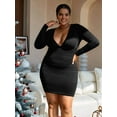 thumbnail image 6 of Women'S Long Sleeve V Neck Ruched Bodycon Mini Party Cocktail Dress Black XS, 6 of 8