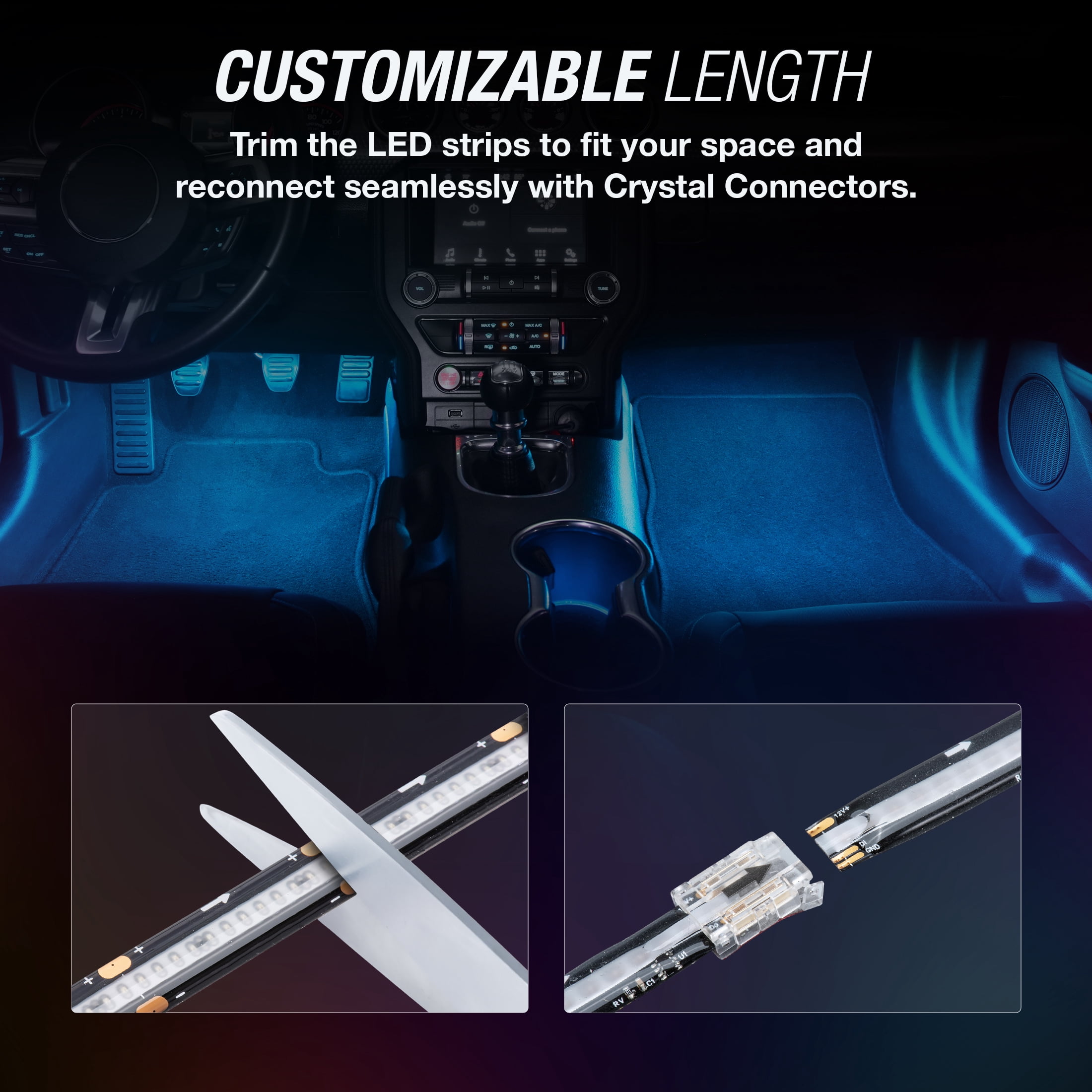 TYPE S - Infinite Glow Blue LED Ambient Lighting - Car LED Strip Lights, Light Sync Technology, 3M Adhesive, Trimmable, 12V, 2 x 12" Blue Strips, 24 inches