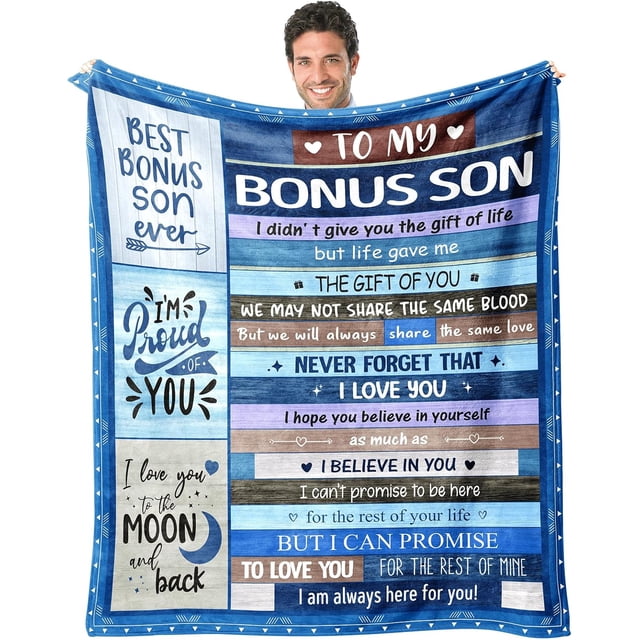 LHSHID Bonus Son Blanket Gifts for Fathers Day for Stepson Gift from Stepdad/Stepmom to My Bonus Son Letter Best Bonus Son Blanket Birthday for Step Son 60"x80"