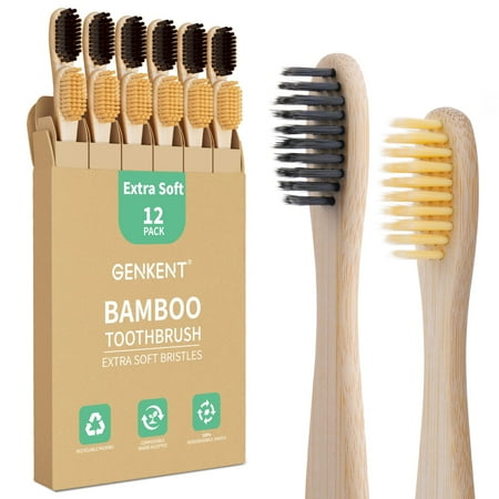GENKENT Bamboo Toothbrush, 12 Pack Ultra Soft Bristles BPA Free Wooden Toothbrush with Individual Wrapped, Eco-Friendly Manual Toothbrush for Adult