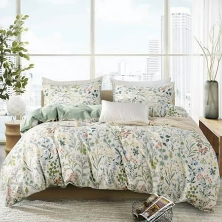 Twin Duvet Cover Set Floral Soft Cotton 3 Pieces Bedding Set Chic Floral Garden Fresh Style Green Leaf Twin Flower Duvet Cover with Zipper Closure Luxury Breathable Comfy