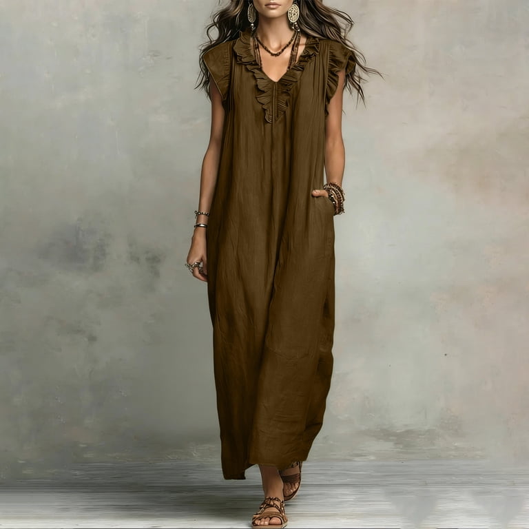 cap sleeve maxi dress casual PRETTYGARDEN Women's Flowy Maxi Dress Casual Cap Sleeve V Neck Smocked