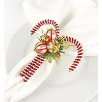 Fennco Styles Hand Beaded Candy Cane Christmas Napkin Rings, Set of 4 - Red & White Glass Beads Napkin Holders for Dining Table Décor, Banquets, Family Gatherings, Winter Holidays, Special Occasions