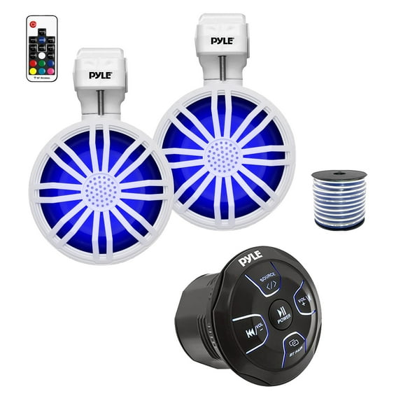 Pyle PLMRBT20 Marine 4-Channel Amplified Wireless Bluetooth Audio Controller, 2x 3.5’’ 20 Watt Max Bluetooth LED Lighting Full Range Stereo Waterproof Rated Off-Road Speakers (White), Remote w/Wire
