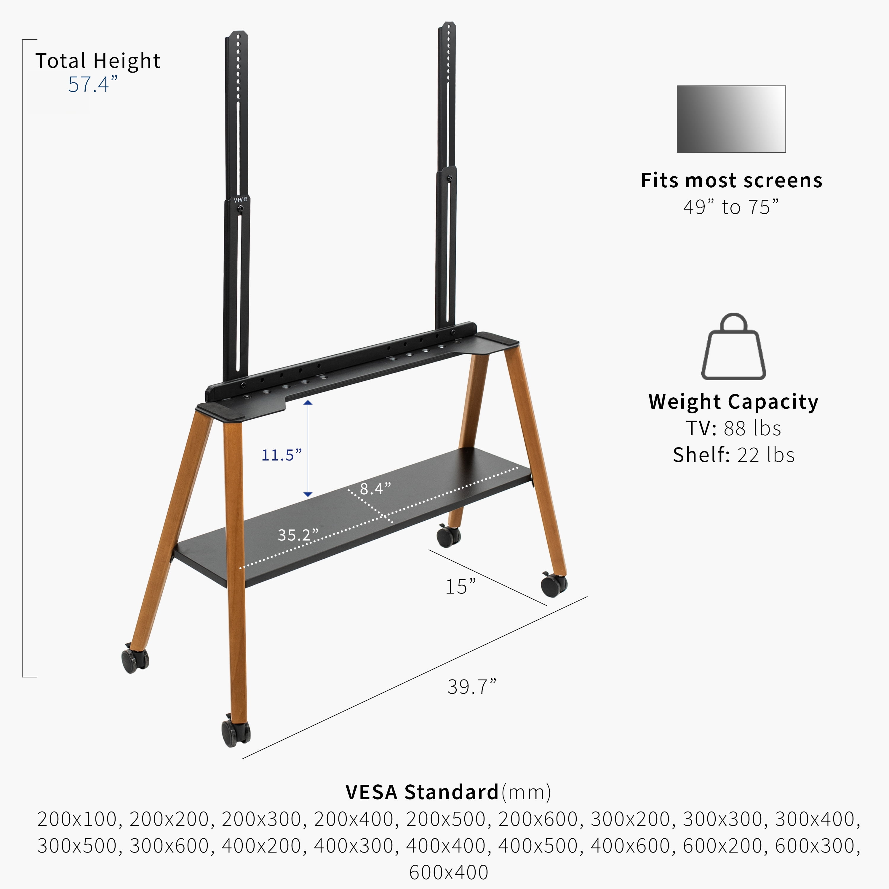 VIVO Rolling Easel Studio TV Floor Stand with Shelf, Fits 49" to 75" Screens
